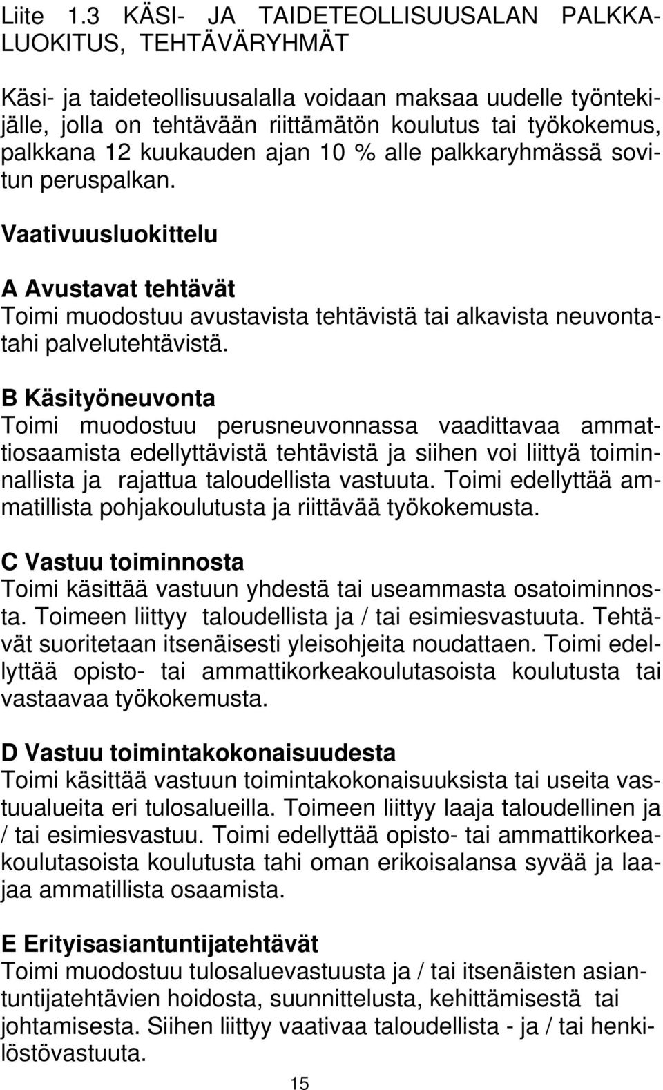 kuukauden ajan 10 % alle palkkaryhmässä sovitun peruspalkan. Vaativuusluokittelu A Avustavat tehtävät Toimi muodostuu avustavista tehtävistä tai alkavista neuvontatahi palvelutehtävistä.