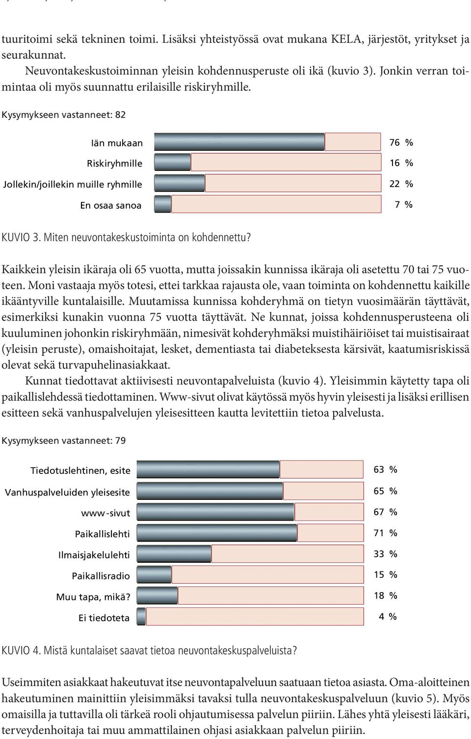 Miten neuvontakeskustoiminta on kohdennettu? Kaikkein yleisin ikäraja oli 65 vuotta, mutta joissakin kunnissa ikäraja oli asetettu 70 tai 75 vuoteen.