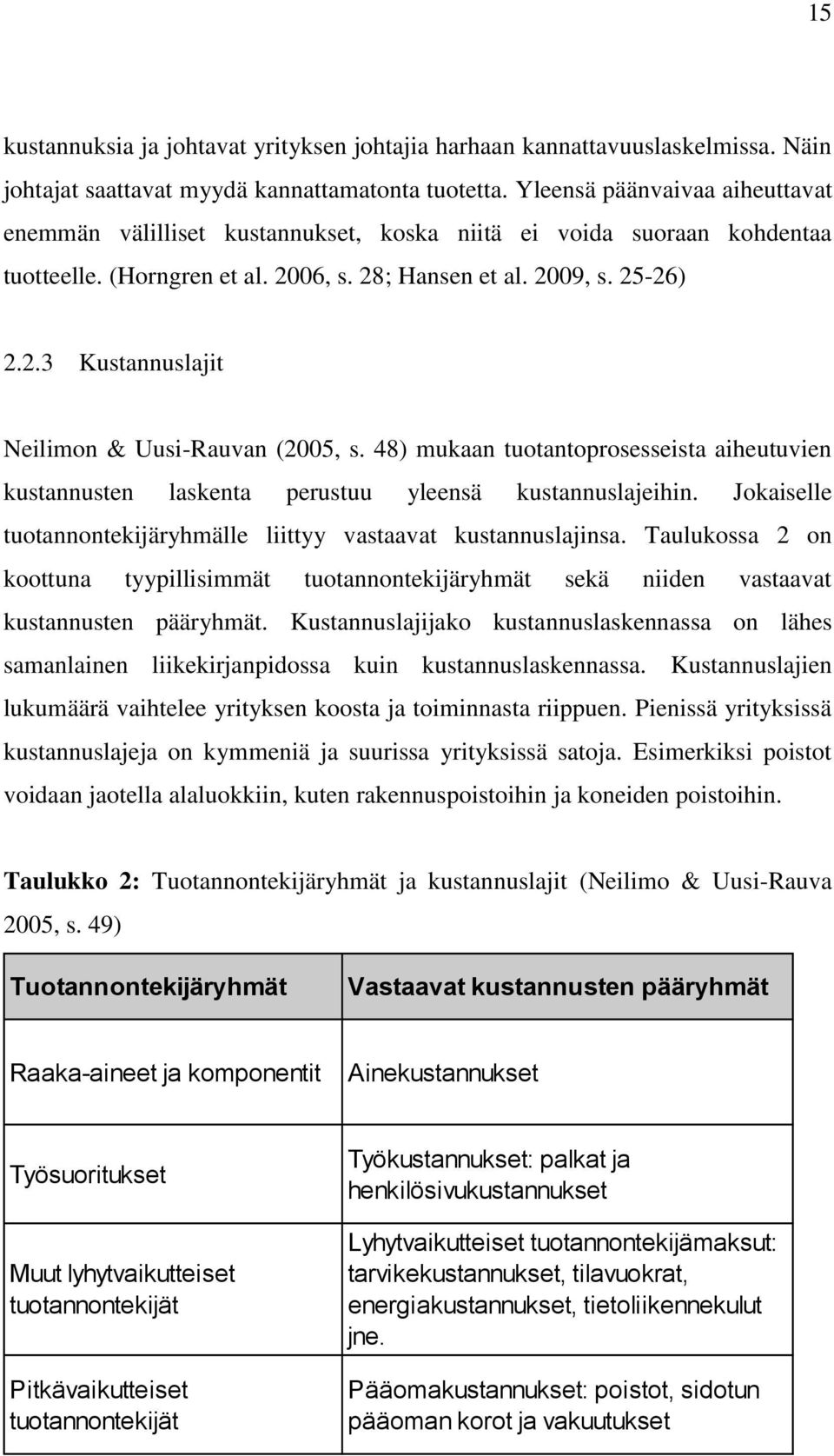 48) mukaan tuotantoprosesseista aiheutuvien kustannusten laskenta perustuu yleensä kustannuslajeihin. Jokaiselle tuotannontekijäryhmälle liittyy vastaavat kustannuslajinsa.