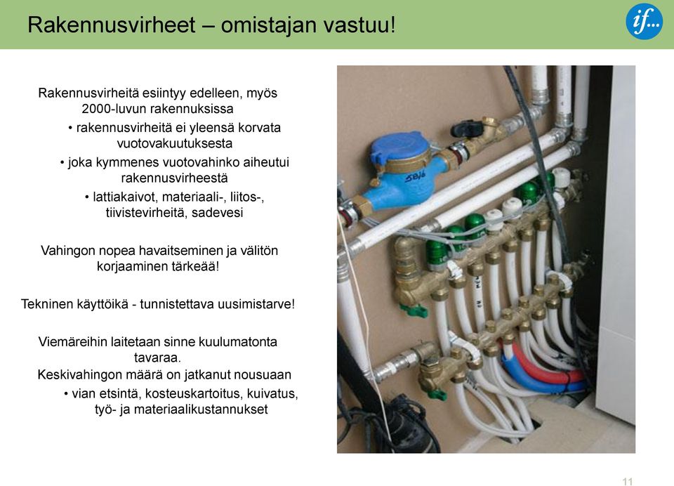 vuotovahinko aiheutui rakennusvirheestä lattiakaivot, materiaali-, liitos-, tiivistevirheitä, sadevesi Vahingon nopea havaitseminen ja