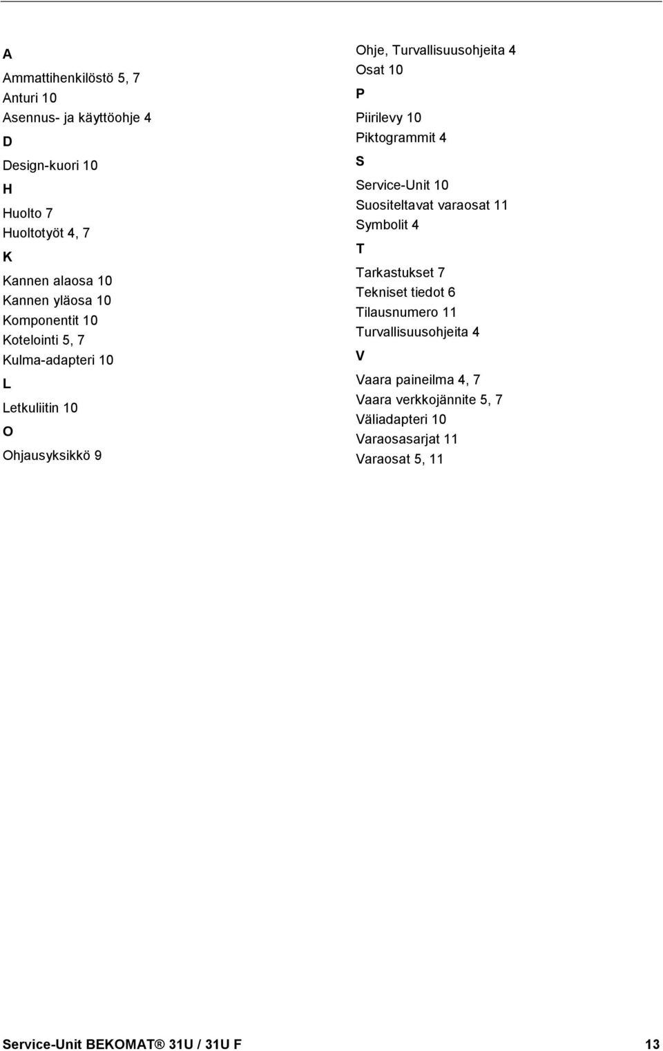 Piktogrammit 4 S Service-Unit 10 Suositeltavat varaosat 11 Symbolit 4 T Tarkastukset 7 Tekniset tiedot 6 Tilausnumero 11