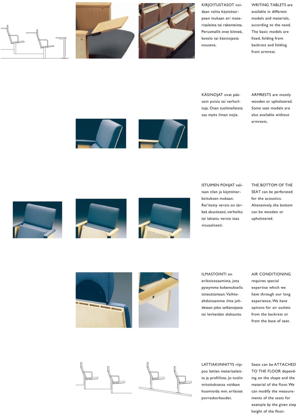 KÄSINOJAT ovat pääosin puisia tai verhoiltuja. Osan tuolimalleista saa myös ilman nojia. ARMRESTS are mostly wooden or upholstered. Some seat models are also available without armrests.