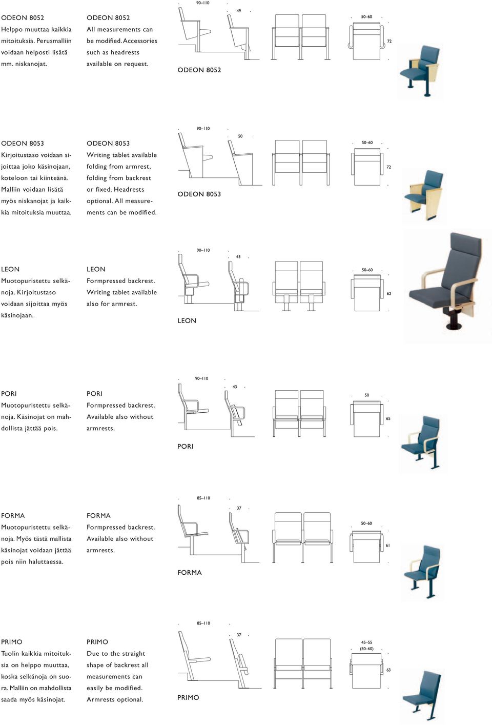 ODEON 8053 Writing tablet available folding from armrest, folding from backrest or fixed. Headrests optional. All measurements can be modified. LEON Muotopuristettu selkänoja.
