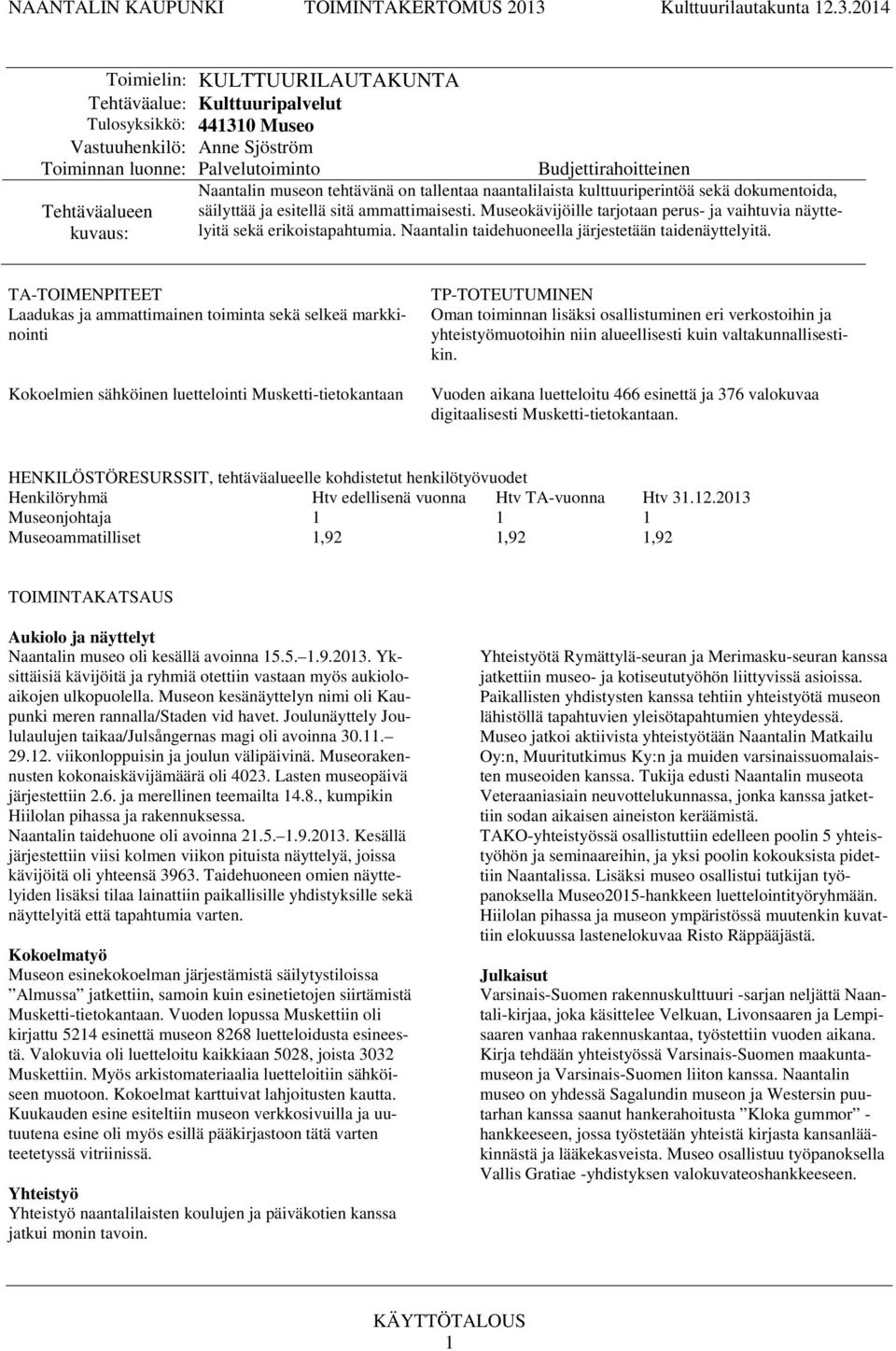 204 Toimielin: KULTTUURILAUTAKUNTA Tehtäväalue: Kulttuuripalvelut Tulosyksikkö: 4430 Museo Vastuuhenkilö: Anne Sjöström Toiminnan luonne: Palvelutoiminto Tehtäväalueen kuvaus: Budjettirahoitteinen