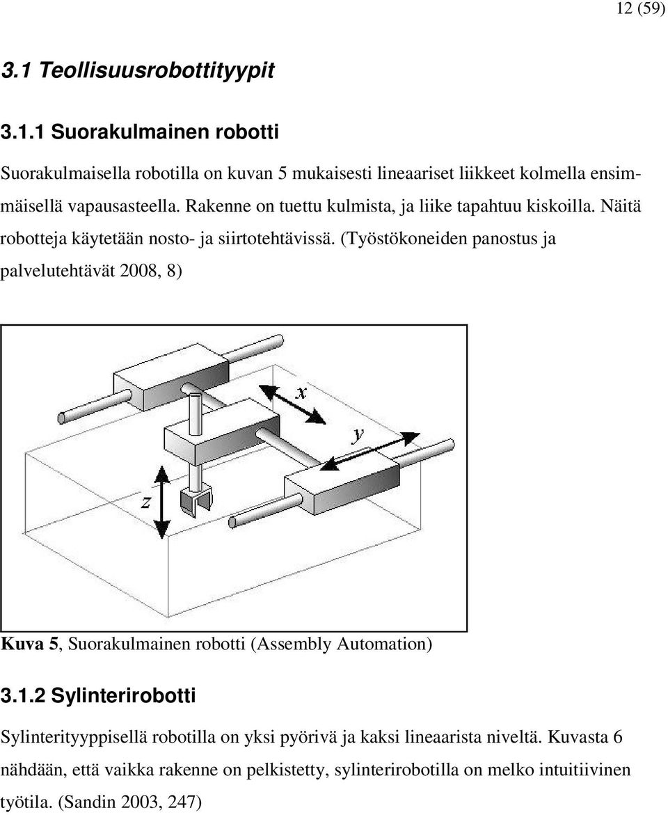 (Työstökoneiden panostus ja palvelutehtävät 2008, 8) Kuva 5, Suorakulmainen robotti (Assembly Automation) 3.1.