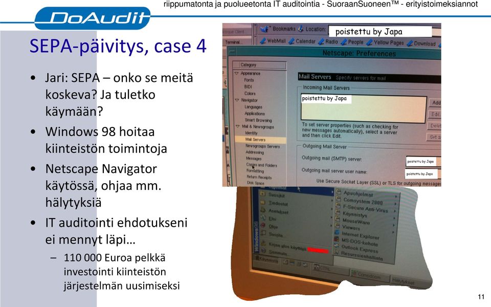 Windows 98 hoitaa kiinteistön toimintoja Netscape Navigator käytössä,