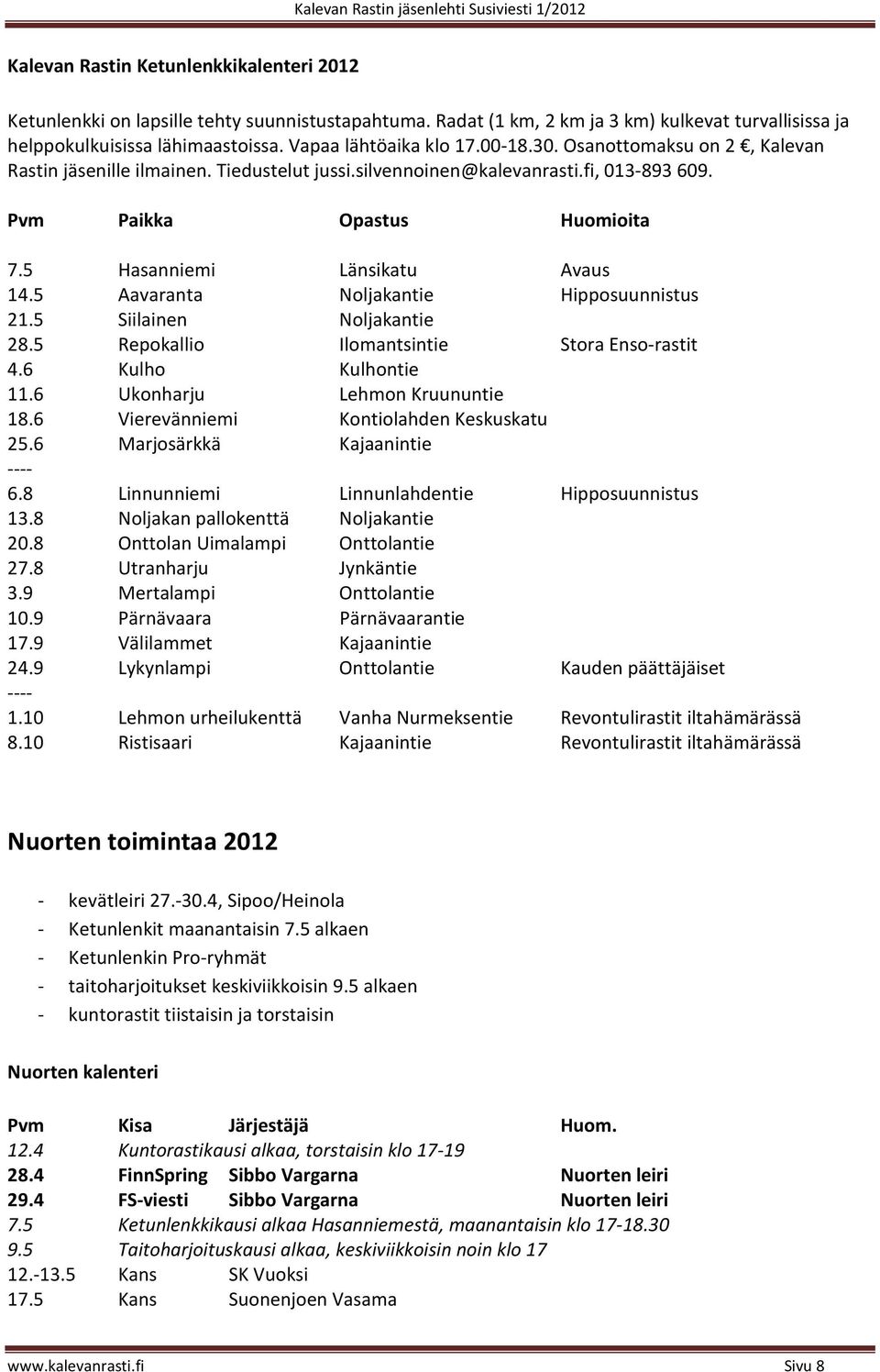 5 Hasanniemi Länsikatu Avaus 14.5 Aavaranta Noljakantie Hipposuunnistus 21.5 Siilainen Noljakantie 28.5 Repokallio Ilomantsintie Stora Enso-rastit 4.6 Kulho Kulhontie 11.