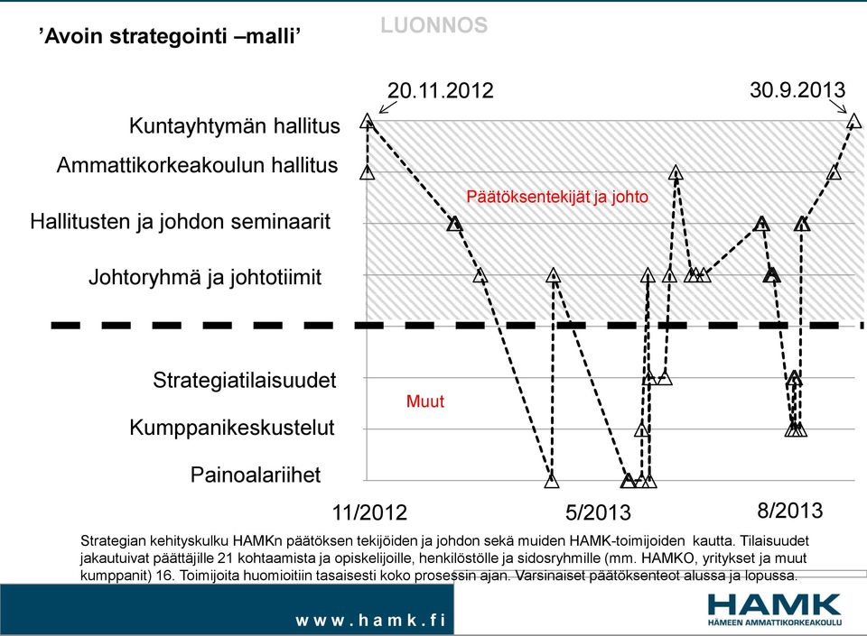 2013 Strategiatilaisuudet Kumppanikeskustelut Muut Painoalariihet 11/2012 5/2013 8/2013 Strategian kehityskulku HAMKn päätöksen tekijöiden ja johdon sekä