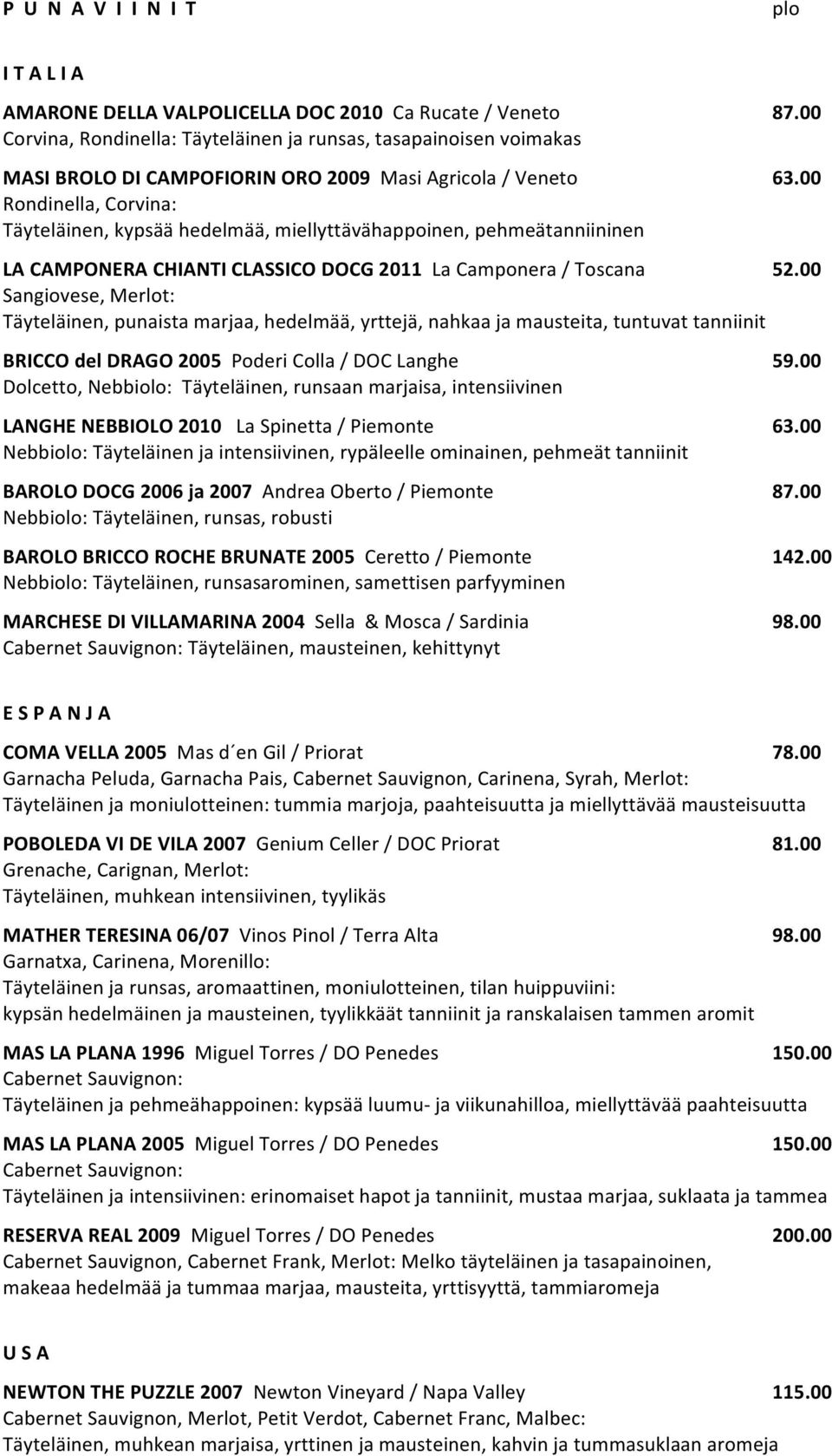 00 LA CAMPONERA CHIANTI CLASSICO DOCG 2011 La Camponera / Toscana Sangiovese, Merlot: Täyteläinen, punaista marjaa, hedelmää, yrttejä, nahkaa ja mausteita, tuntuvat tanniinit BRICCO del DRAGO 2005