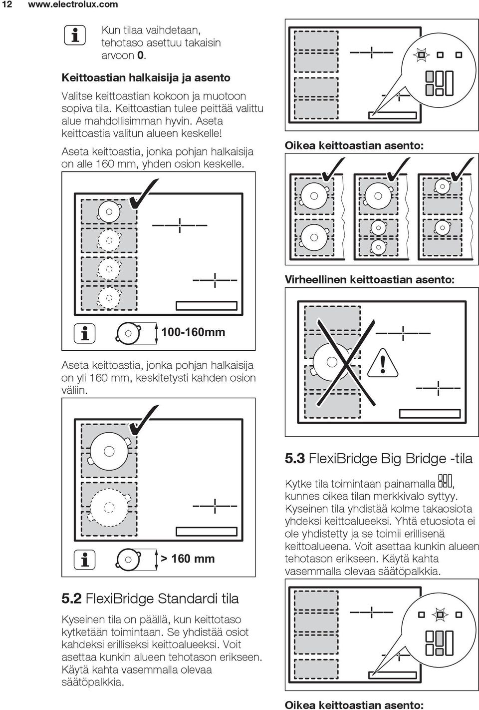 Oikea keittoastian asento: Virheellinen keittoastian asento: 100-160mm Aseta keittoastia, jonka pohjan halkaisija on yli 160 mm, keskitetysti kahden osion väliin. 5.