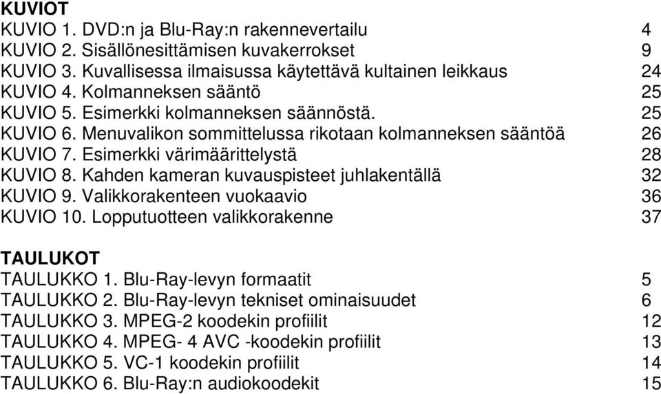 Kahden kameran kuvauspisteet juhlakentällä 32 KUVIO 9. Valikkorakenteen vuokaavio 36 KUVIO 10. Lopputuotteen valikkorakenne 37 TAULUKOT TAULUKKO 1. Blu-Ray-levyn formaatit 5 TAULUKKO 2.