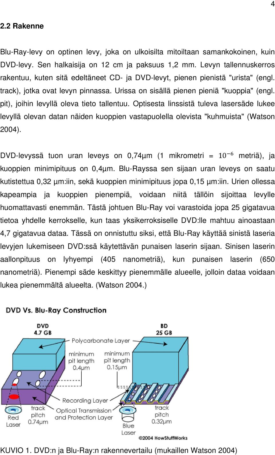 pit), joihin levyllä oleva tieto tallentuu. Optisesta linssistä tuleva lasersäde lukee levyllä olevan datan näiden kuoppien vastapuolella olevista "kuhmuista" (Watson 2004).