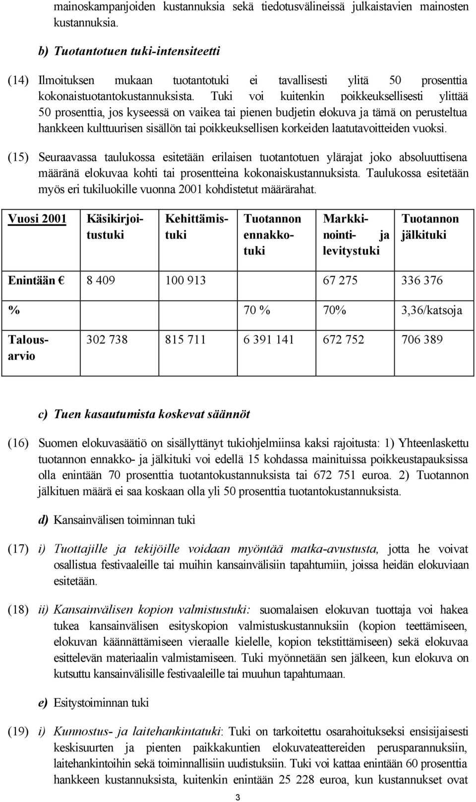 Tuki voi kuitenkin poikkeuksellisesti ylittää 50 prosenttia, jos kyseessä on vaikea tai pienen budjetin elokuva ja tämä on perusteltua hankkeen kulttuurisen sisällön tai poikkeuksellisen korkeiden