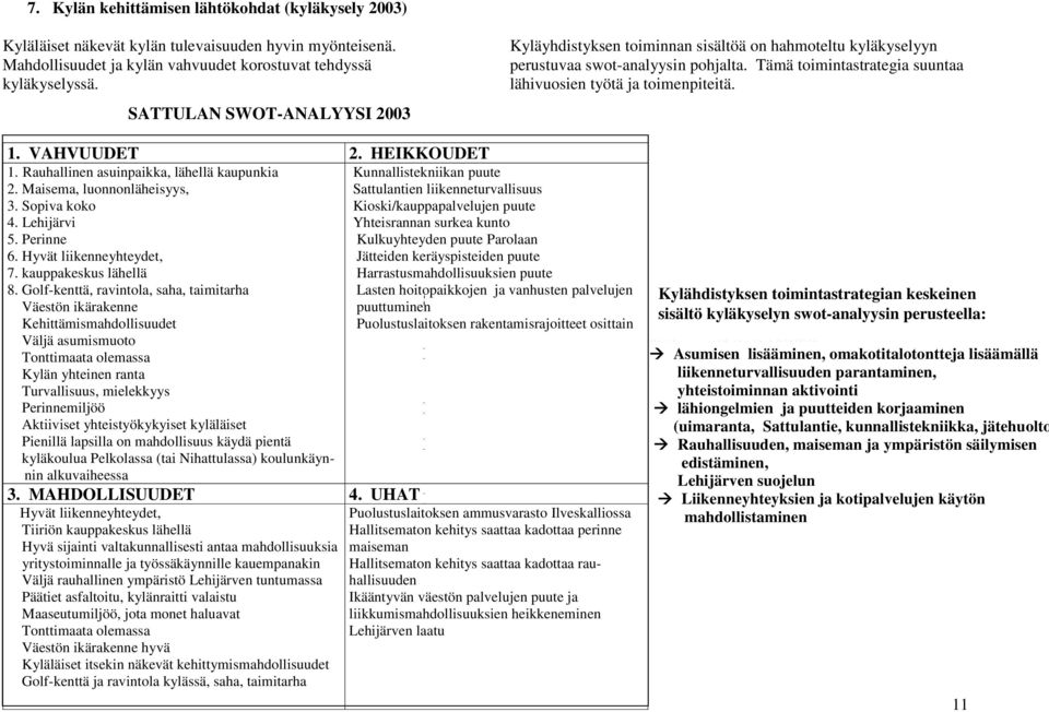 VAHVUUDET 2. HEIKKOUDET 1. Rauhallinen asuinpaikka, lähellä kaupunkia Kunnallistekniikan puute 2. Maisema, luonnonläheisyys, Sattulantien liikenneturvallisuus 3.