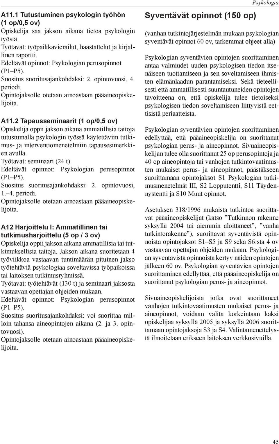 2 Tapausseminaarit (1 op/0,5 ov) Opiskelija oppii jakson aikana ammatillisia taitoja tutustumalla psykologin työssä käytettäviin tutkimus- ja interventiomenetelmiin tapausesimerkkien avulla.