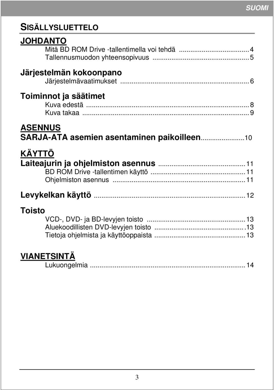 ..9 ASENNUS SARJA-ATA asemien asentaminen paikoilleen...10 KÄYTTÖ Laiteajurin ja ohjelmiston asennus...11 BD ROM Drive -tallentimen käyttö.