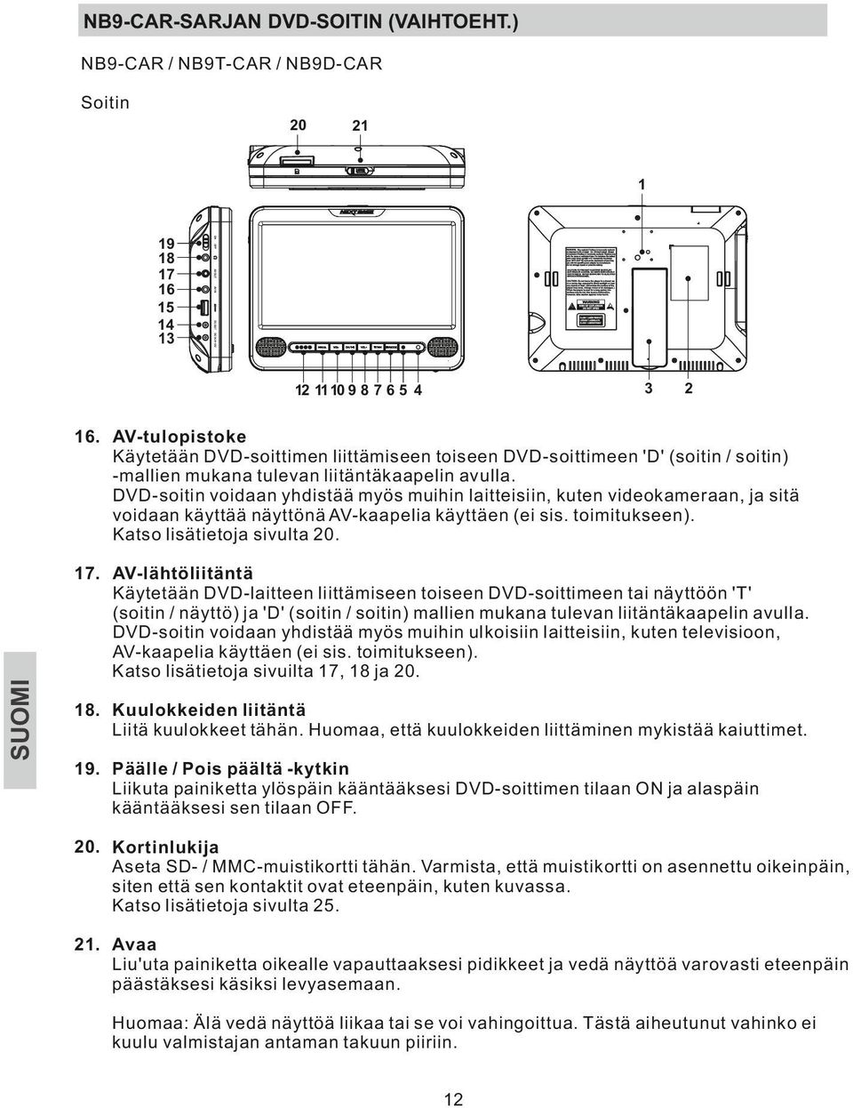 DVD-soitin voidaan yhdistää myös muihin laitteisiin, kuten videokameraan, ja sitä voidaan käyttää näyttönä AV-kaapelia käyttäen (ei sis. toimitukseen). Katso lisätietoja sivulta 20. 17.