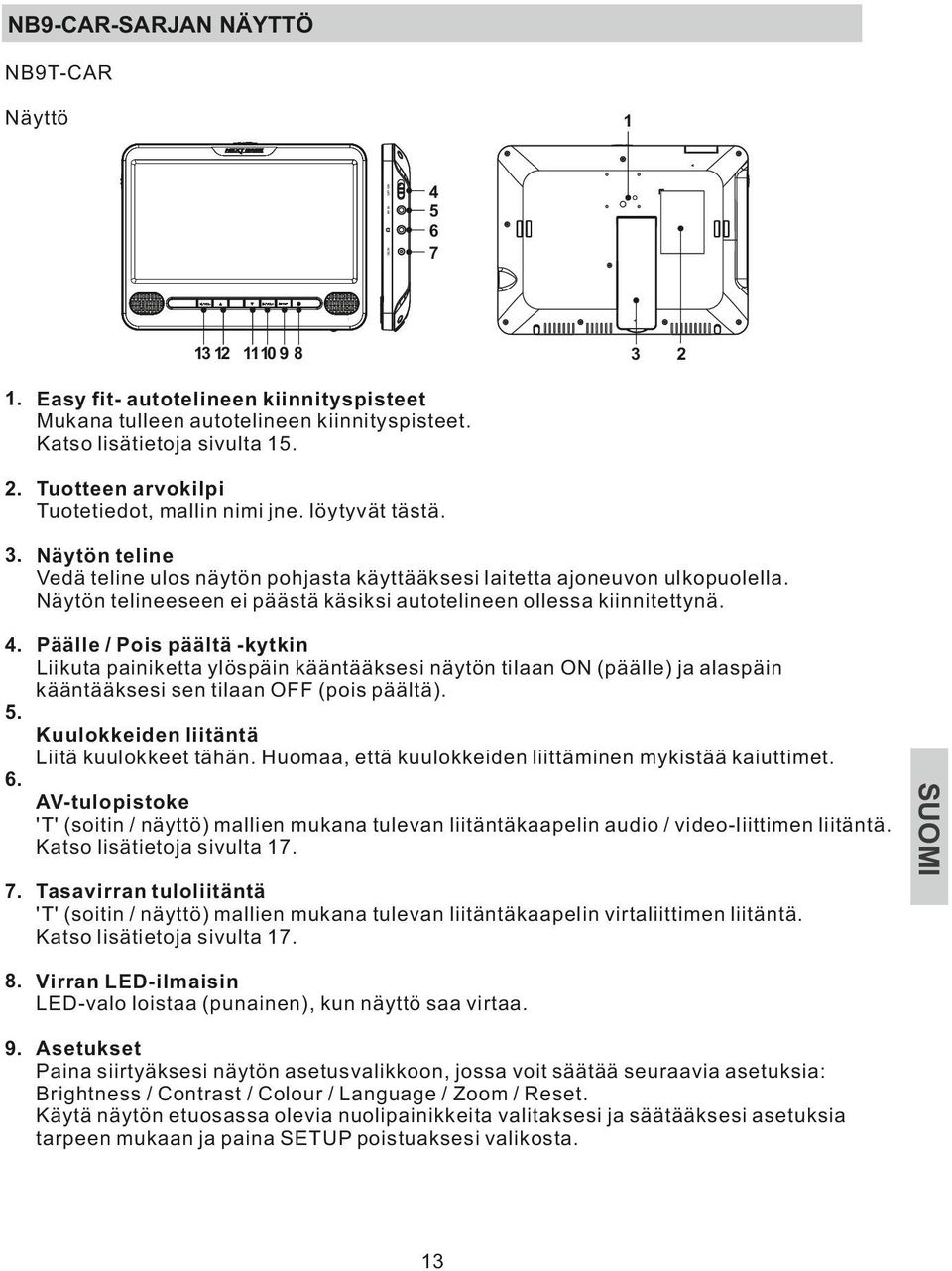 Tasavirran tuloliitäntä 'T' (soitin / näyttö) mallien mukana tulevan liitäntäkaapelin virtaliittimen liitäntä. Katso lisätietoja sivulta 17. 8.