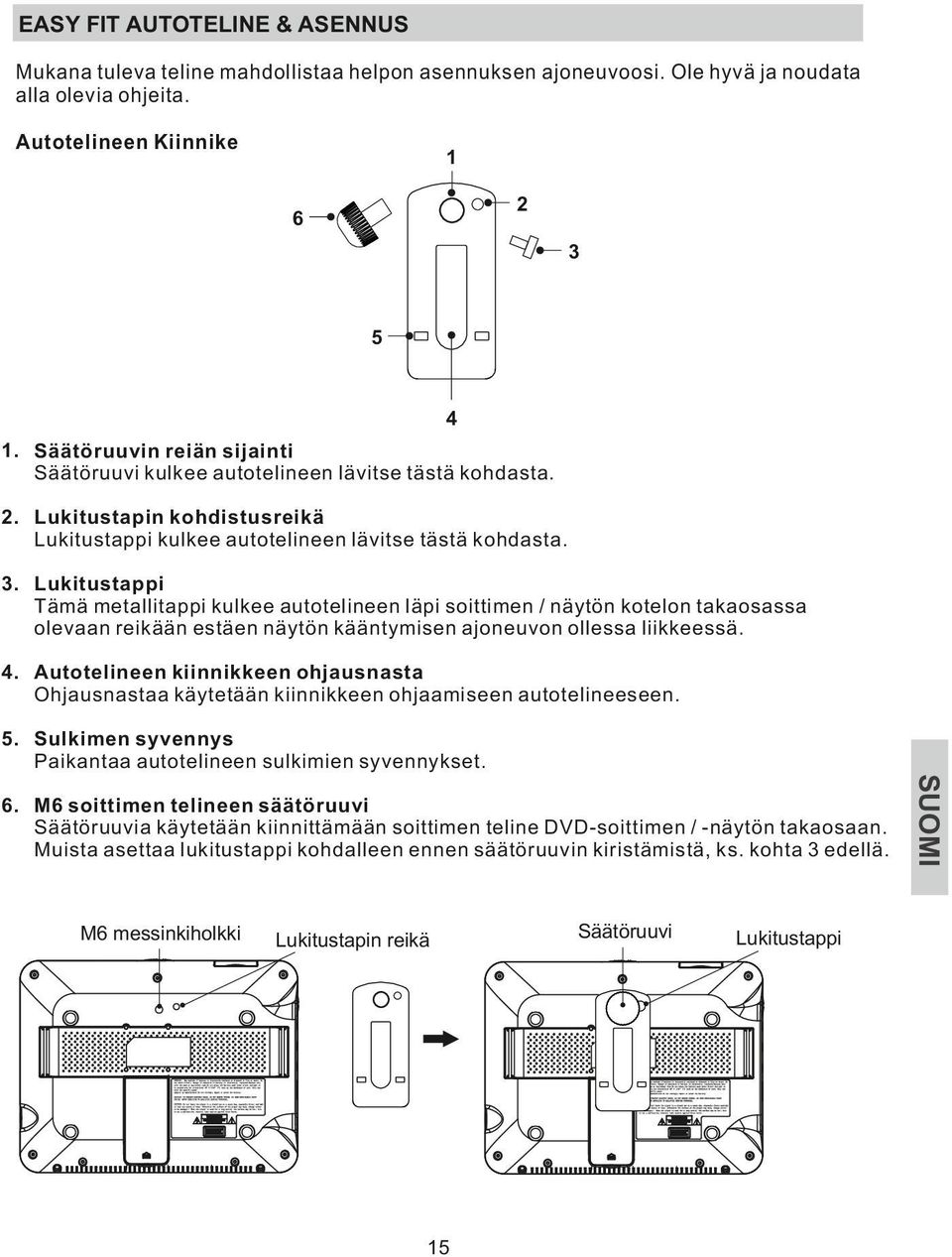 Lukitustappi Tämä metallitappi kulkee autotelineen läpi soittimen / näytön kotelon takaosassa olevaan reikään estäen näytön kääntymisen ajoneuvon ollessa liikkeessä. 4.