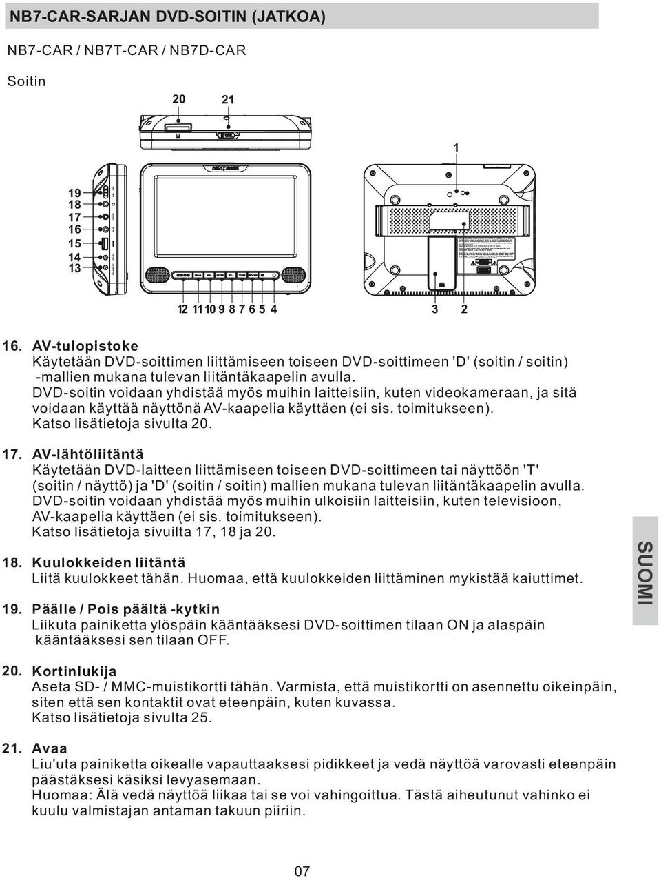 DVD-soitin voidaan yhdistää myös muihin laitteisiin, kuten videokameraan, ja sitä voidaan käyttää näyttönä AV-kaapelia käyttäen (ei sis. toimitukseen). Katso lisätietoja sivulta 20. 17.