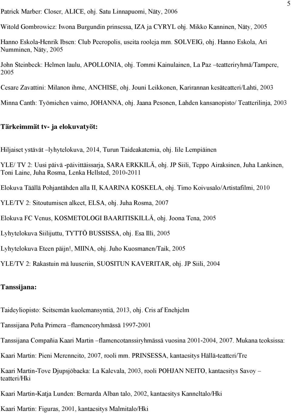 Tommi Kainulainen, La Paz teatteriryhmä/tampere, 2005 Cesare Zavattini: Milanon ihme, ANCHISE, ohj. Jouni Leikkonen, Karirannan kesäteatteri/lahti, 2003 Minna Canth: Työmiehen vaimo, JOHANNA, ohj.