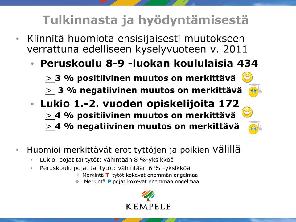 vuoden opiskelijoita 172 > 4 % positiivinen muutos on merkittävä > 4 % negatiivinen muutos on merkittävä Huomioi merkittävät erot tyttöjen ja