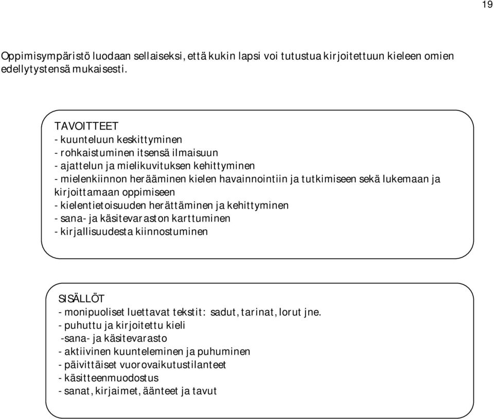 sekä lukemaan ja kirjoittamaan oppimiseen - kielentietoisuuden herättäminen ja kehittyminen - sana- ja käsitevaraston karttuminen - kirjallisuudesta kiinnostuminen SISÄLLÖT -