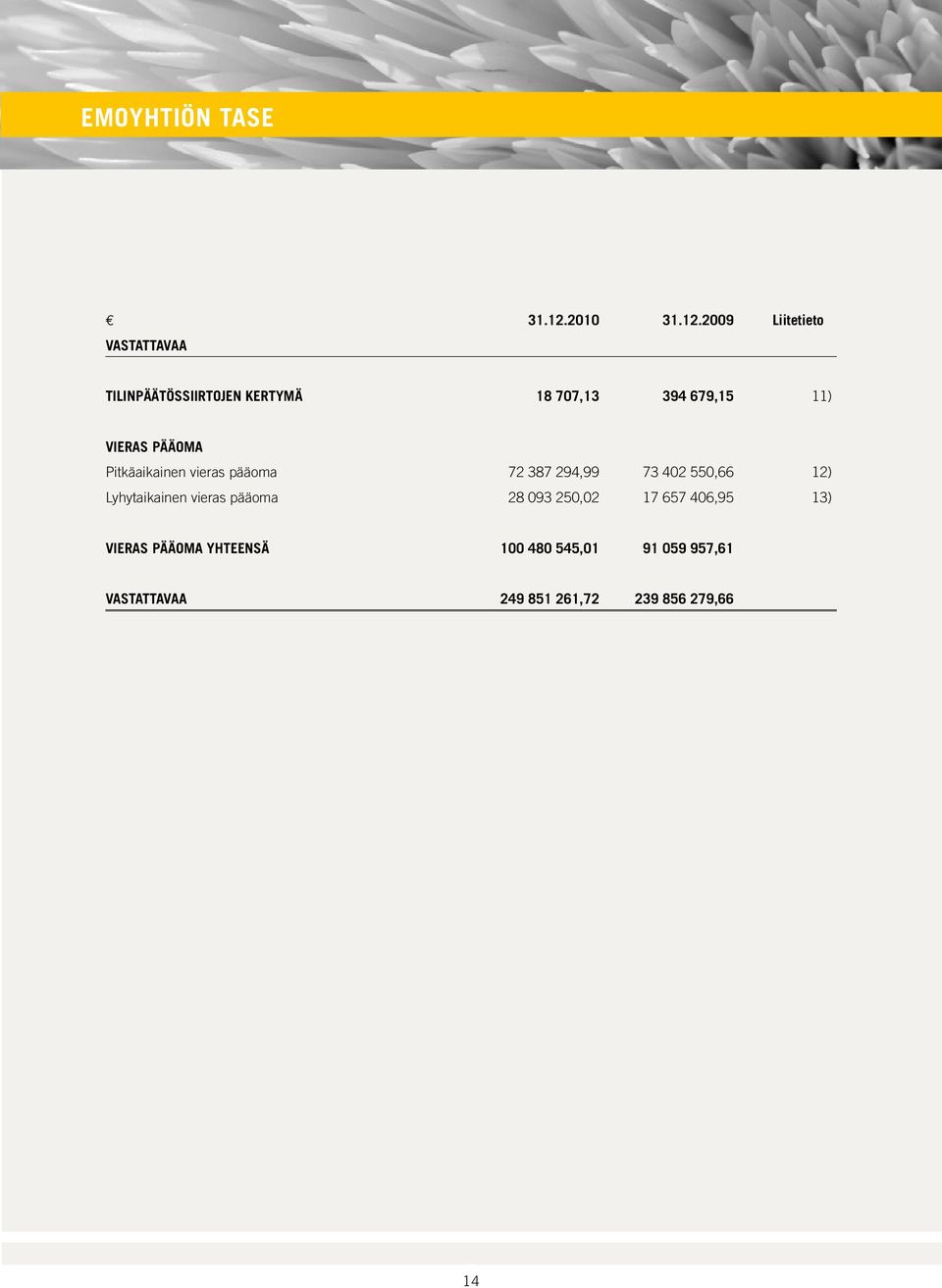 2009 Liitetieto VASTATTAVAA TILINPÄÄTÖSSIIRTOJEN KERTYMÄ 18 707,13 394 679,15 11)
