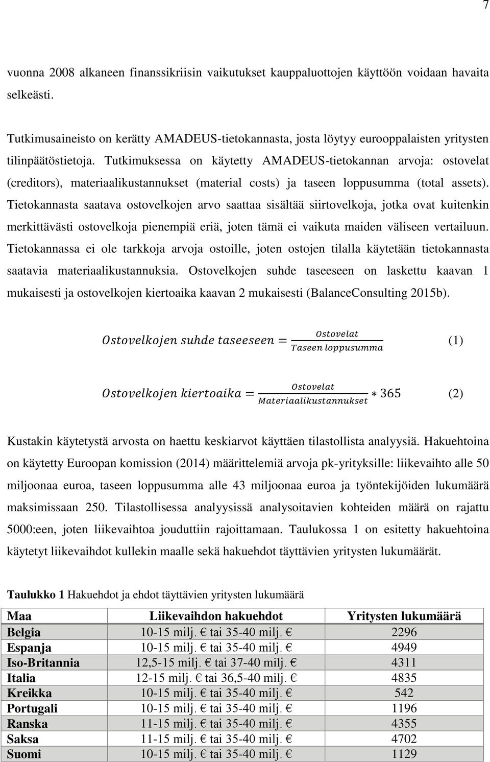 Tutkimuksessa on käytetty AMADEUS-tietokannan arvoja: ostovelat (creditors), materiaalikustannukset (material costs) ja taseen loppusumma (total assets).