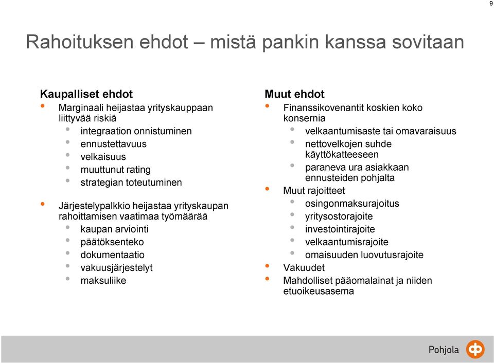 vakuusjärjestelyt maksuliike Muut ehdot Finanssikovenantit koskien koko konsernia velkaantumisaste tai omavaraisuus nettovelkojen suhde käyttökatteeseen paraneva ura asiakkaan