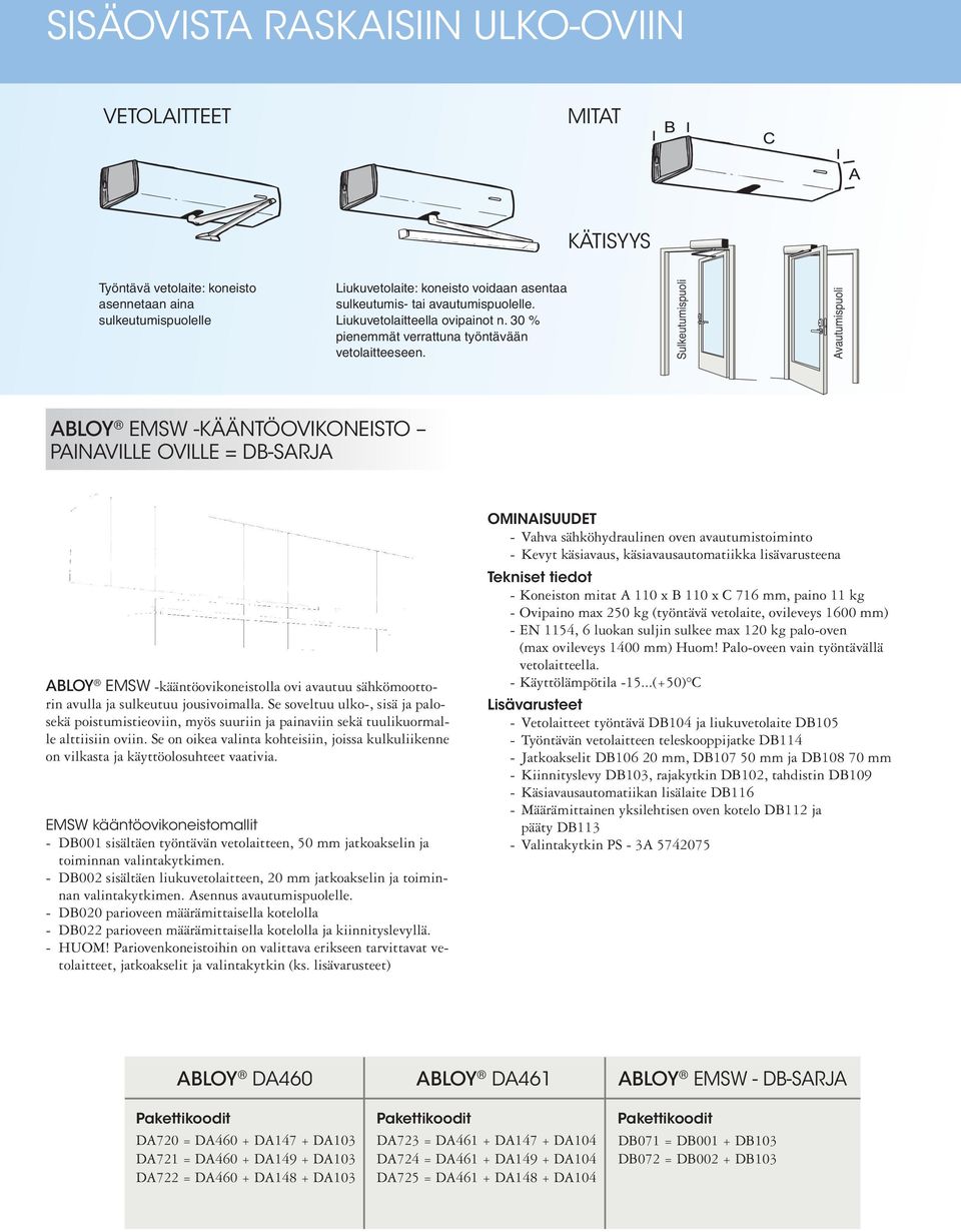 ABLOY EMSW -KÄÄNTÖOVIKONEISTO PAINAVILLE OVILLE = DB-SARJA OMINAISUUDET - Vahva sähköhydraulinen oven avautumistoiminto - Kevyt käsiavaus, käsiavausautomatiikka lisävarusteena ABLOY EMSW