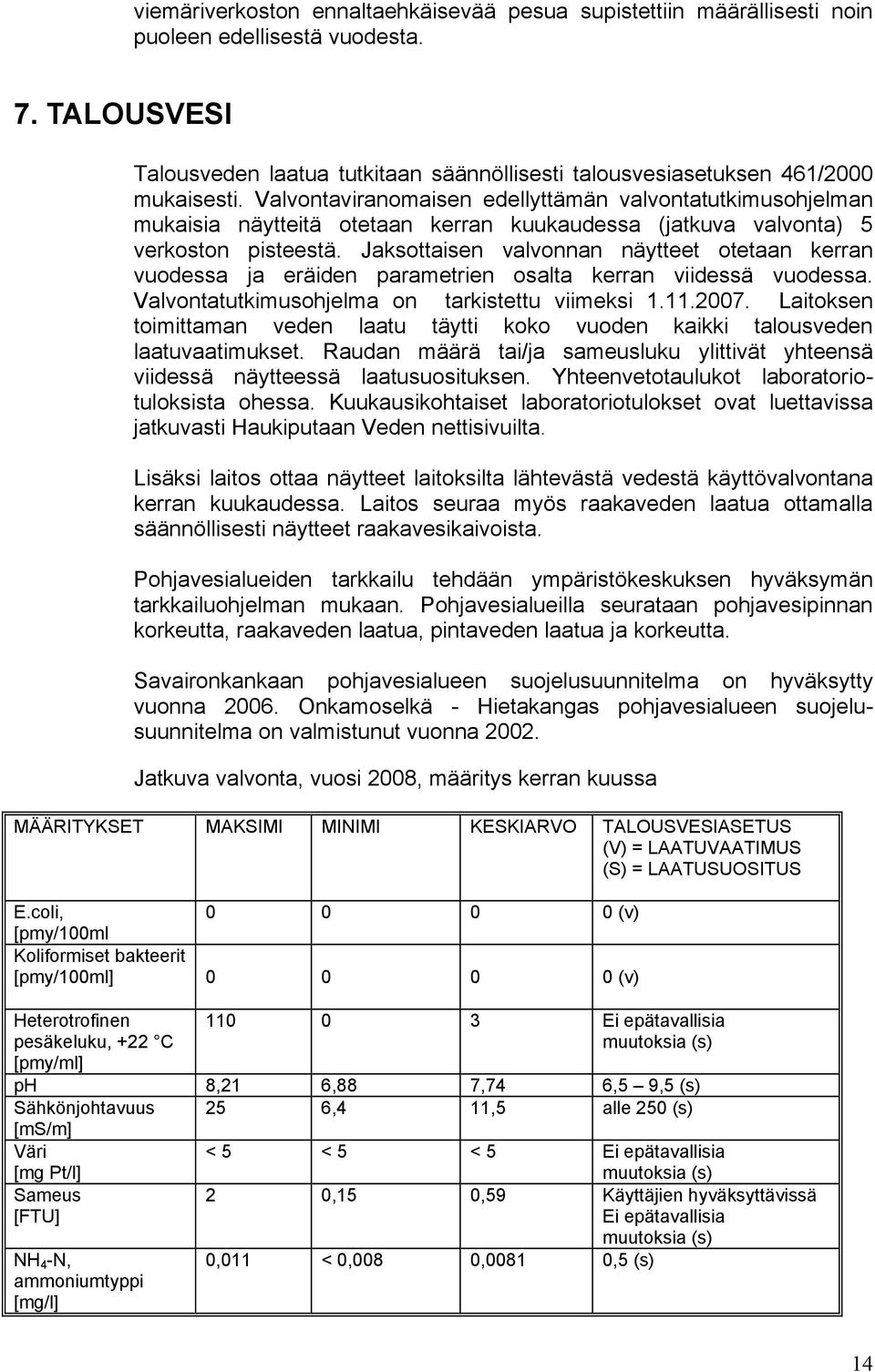 Valvontaviranomaisen edellyttämän valvontatutkimusohjelman mukaisia näytteitä otetaan kerran kuukaudessa (jatkuva valvonta) 5 verkoston pisteestä.