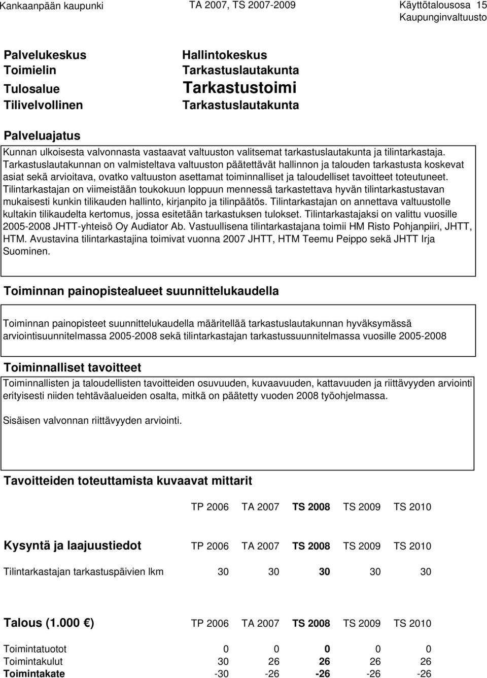 Tarkastuslautakunnan on valmisteltava valtuuston päätettävät hallinnon ja talouden tarkastusta koskevat asiat sekä arvioitava, ovatko valtuuston asettamat toiminnalliset ja taloudelliset tavoitteet