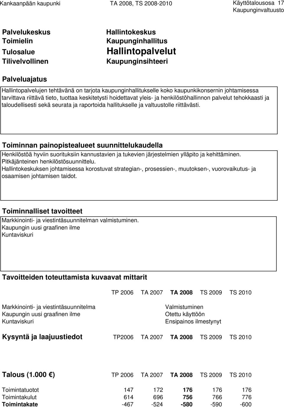 henkilöstöhallinnon palvelut tehokkaasti ja taloudellisesti sekä seurata ja raportoida hallitukselle ja valtuustolle riittävästi.