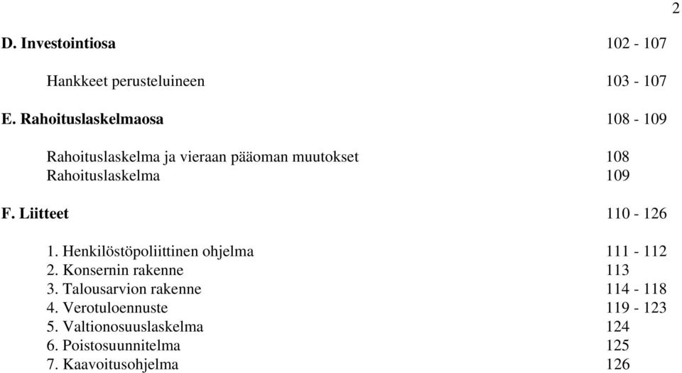 109 F. Liitteet 110-126 1. Henkilöstöpoliittinen ohjelma 111-112 2. Konsernin rakenne 113 3.