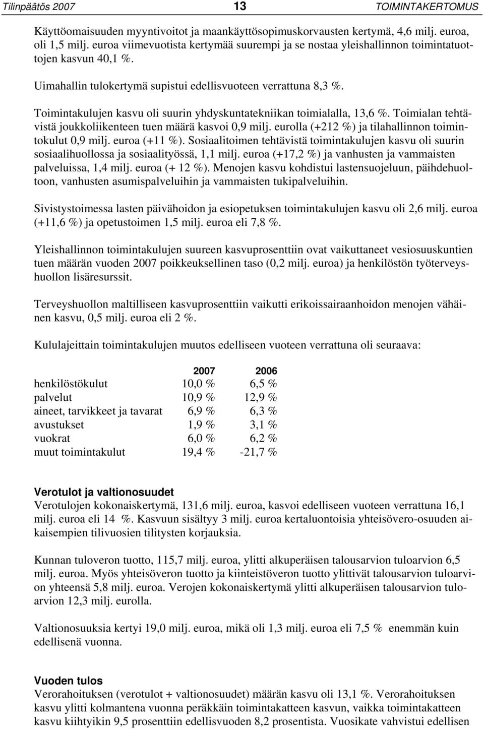 Toimintakulujen kasvu oli suurin yhdyskuntatekniikan toimialalla, 13,6 %. Toimialan tehtävistä joukkoliikenteen tuen määrä kasvoi 0,9 milj. eurolla (+212 %) ja tilahallinnon toimintokulut 0,9 milj.