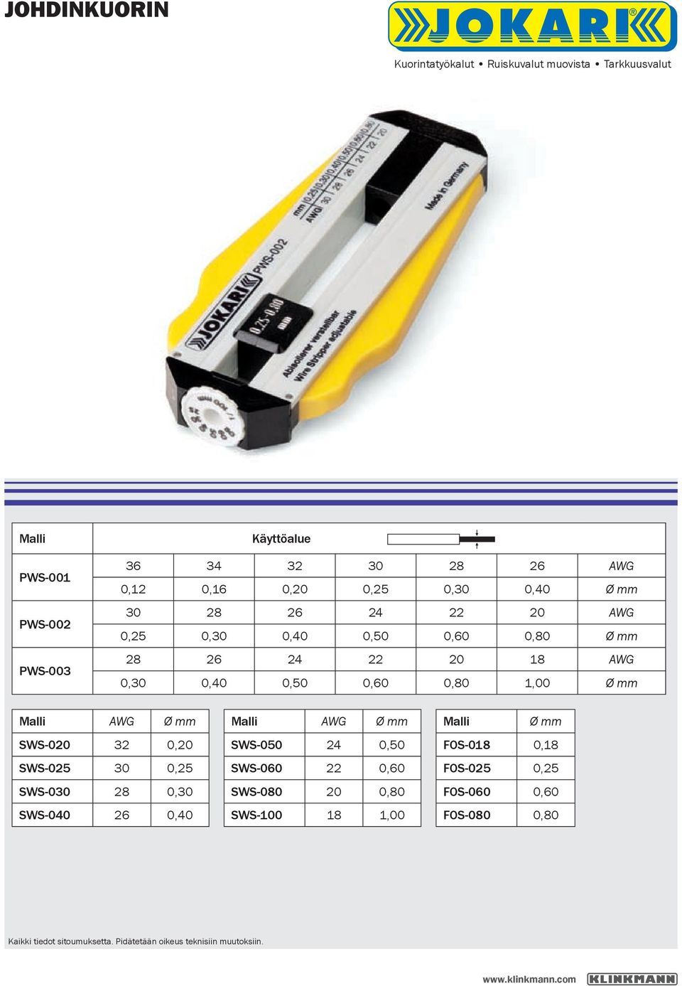 mm Malli AWG Ø mm SWS-020 32 0,20 SWS-025 30 0,25 SWS-030 28 0,30 SWS-040 26 0,40 Malli AWG Ø mm SWS-050 24