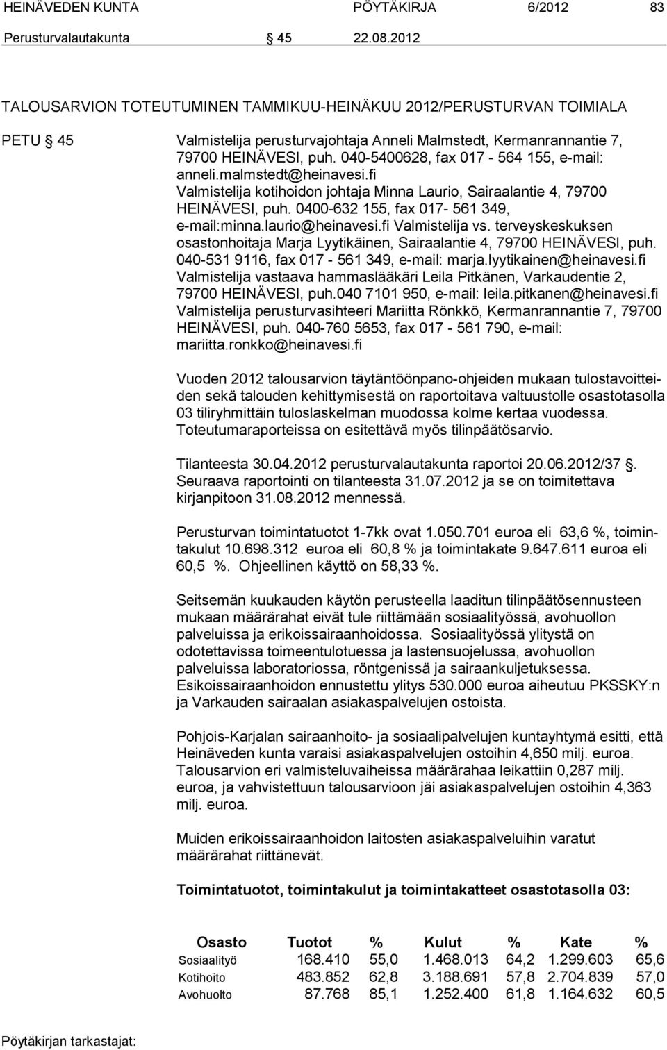 040-5400628, fax 017-564 155, e-mail: anneli.malmstedt@heinavesi.fi Valmistelija kotihoidon johtaja Minna Laurio, Sairaalantie 4, 79700 HEINÄVESI, puh. 0400-632 155, fax 017-561 349, e-mail:minna.