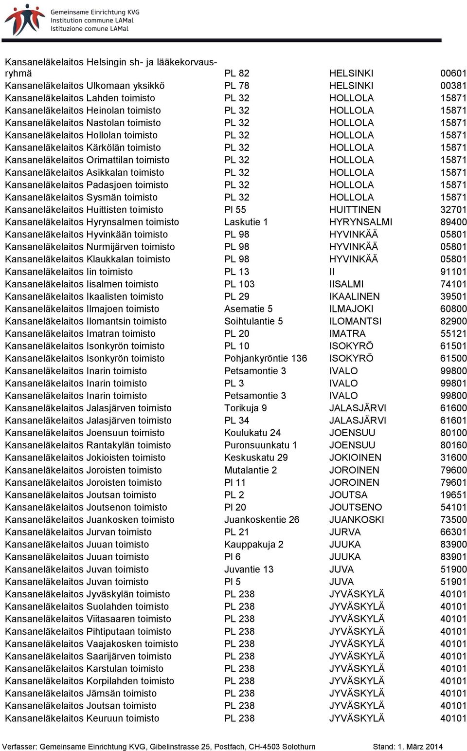 toimisto PL 32 HOLLOLA 15871 Kansaneläkelaitos Orimattilan toimisto PL 32 HOLLOLA 15871 Kansaneläkelaitos Asikkalan toimisto PL 32 HOLLOLA 15871 Kansaneläkelaitos Padasjoen toimisto PL 32 HOLLOLA