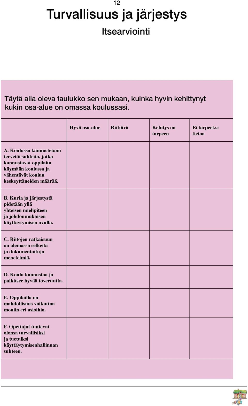 Koulussa kannustetaan terveitä suhteita, jotka kannustavat oppilaita käymään koulussa ja vähentävät koulun keskeyttäneiden määrää. B.