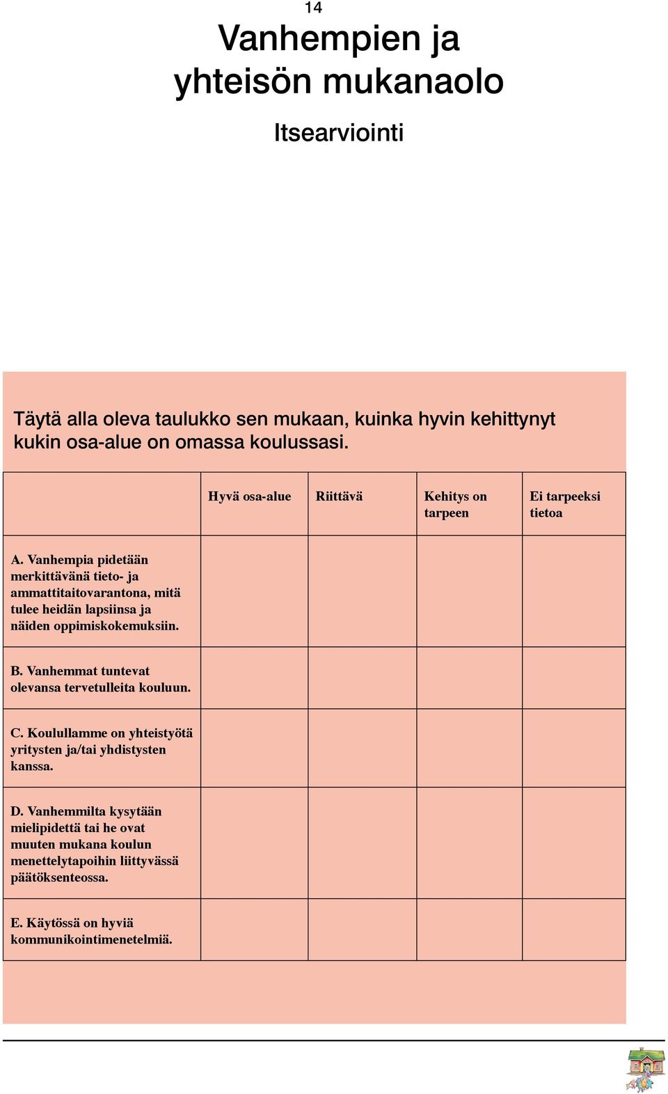 Vanhempia pidetään merkittävänä tieto- ja ammattitaitovarantona, mitä tulee heidän lapsiinsa ja näiden oppimiskokemuksiin. B.