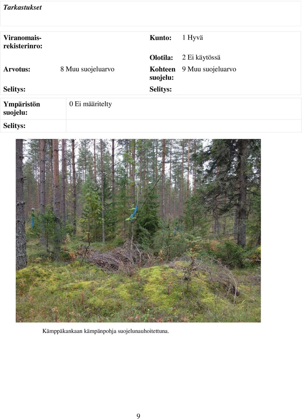Ei käytössä 9 Muu suojeluarvo Ympäristön suojelu: 0 Ei