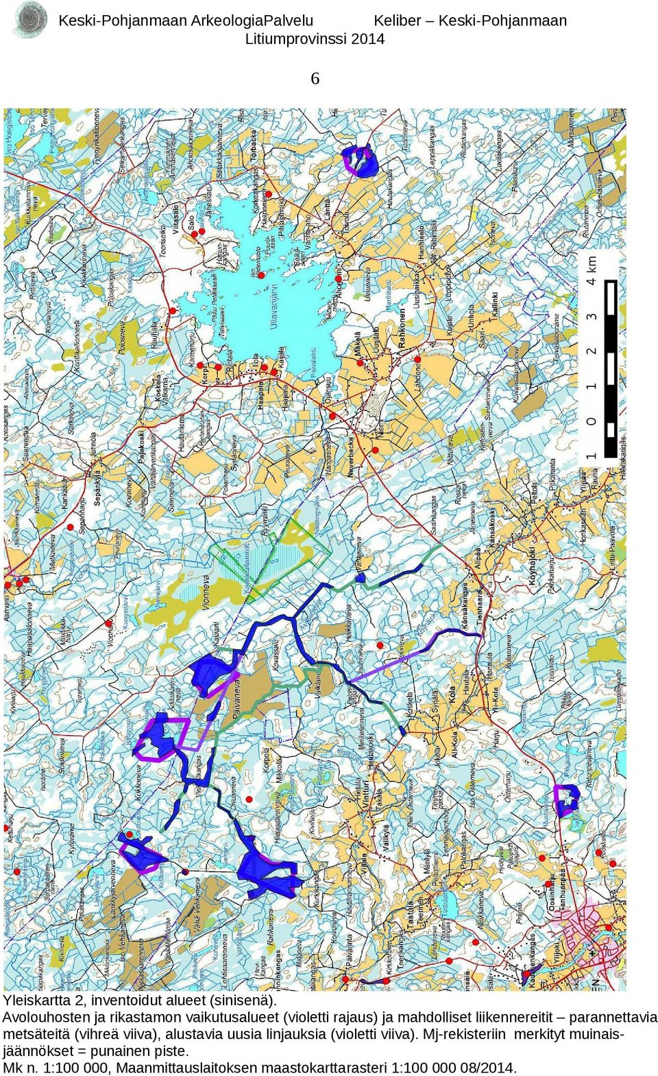 parannettavia metsäteitä (vihreä viiva), alustavia uusia linjauksia (violetti viiva).