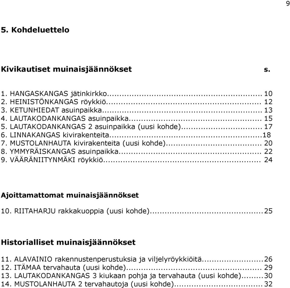 .. 20 YMMYRÄSKANGAS asuinpaikka... 22 VÄÄRÄNTYNMÄK röykkiö... 24 Ajoittamattomat muinaisjäännökset 10. RTAHARJU rakkakuoppia (uusi kohde)... 25 Historialliset muinaisjäännökset 11.