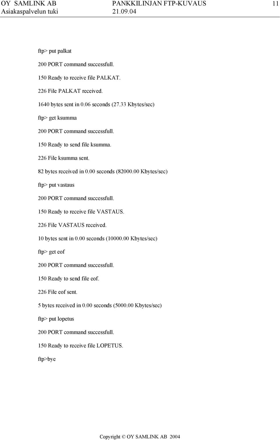 00 Kbytes/sec) ftp> put vastaus 150 Ready to receive file VASTAUS. 226 File VASTAUS received. 10 bytes sent in 0.00 seconds (10000.