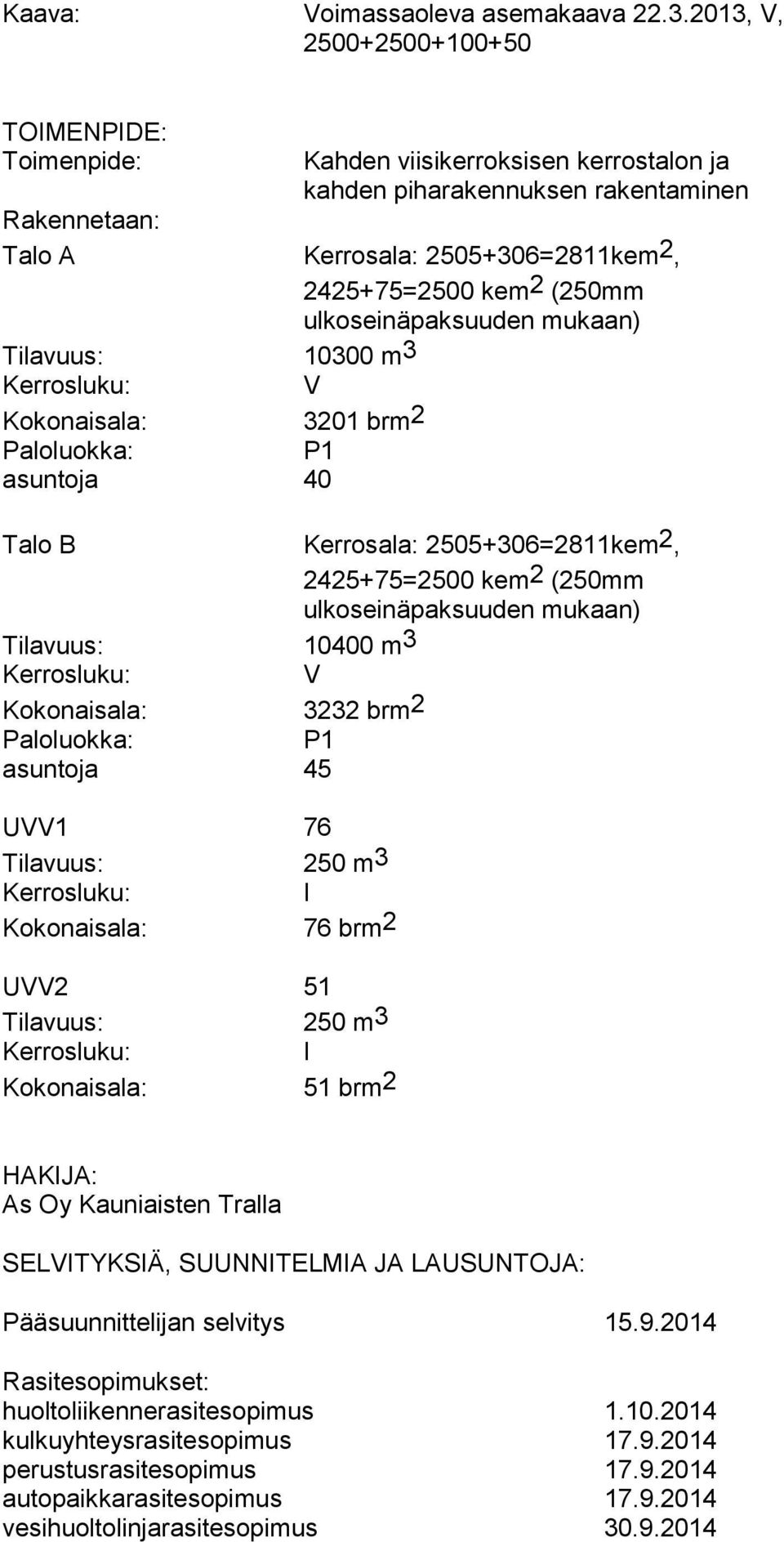 (250mm ulkoseinäpaksuuden mukaan) Tilavuus: 10300 m3 Kerrosluku: V Kokonaisala: 3201 brm2 Paloluokka: P1 asuntoja 40 Talo B Kerrosala: 2505+306=2811kem2, 2425+75=2500 kem2 (250mm ulkoseinäpaksuuden