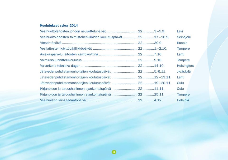 .. 22...5.-6.11. Jätevedenpuhdistamonhoitajien koulutuspäivät... 22...12. 13.11. Jätevedenpuhdistamonhoitajien koulutuspäivät... 22...19. 20.11. Kirjanpidon ja taloushallinnon ajankohtaispäivä... 22...11.11. Kirjanpidon ja taloushallinnon ajankohtaispäivä... 22...25.