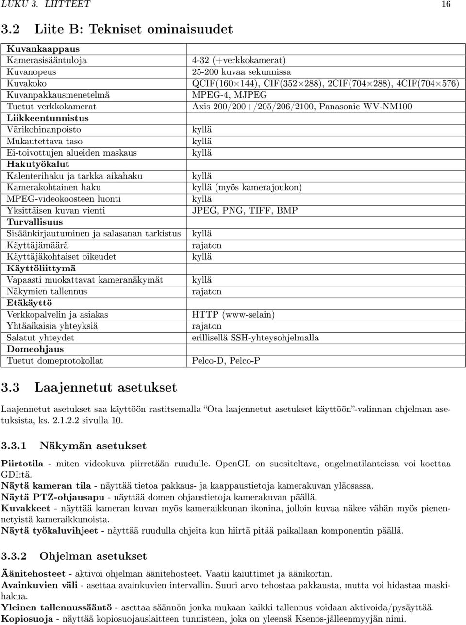 Kuvanpakkausmenetelmä MPEG-4, MJPEG Tuetut verkkokamerat Axis 200/200+/205/206/2100, Panasonic WV-NM100 Liikkeentunnistus Värikohinanpoisto kyllä Mukautettava taso kyllä Ei-toivottujen alueiden