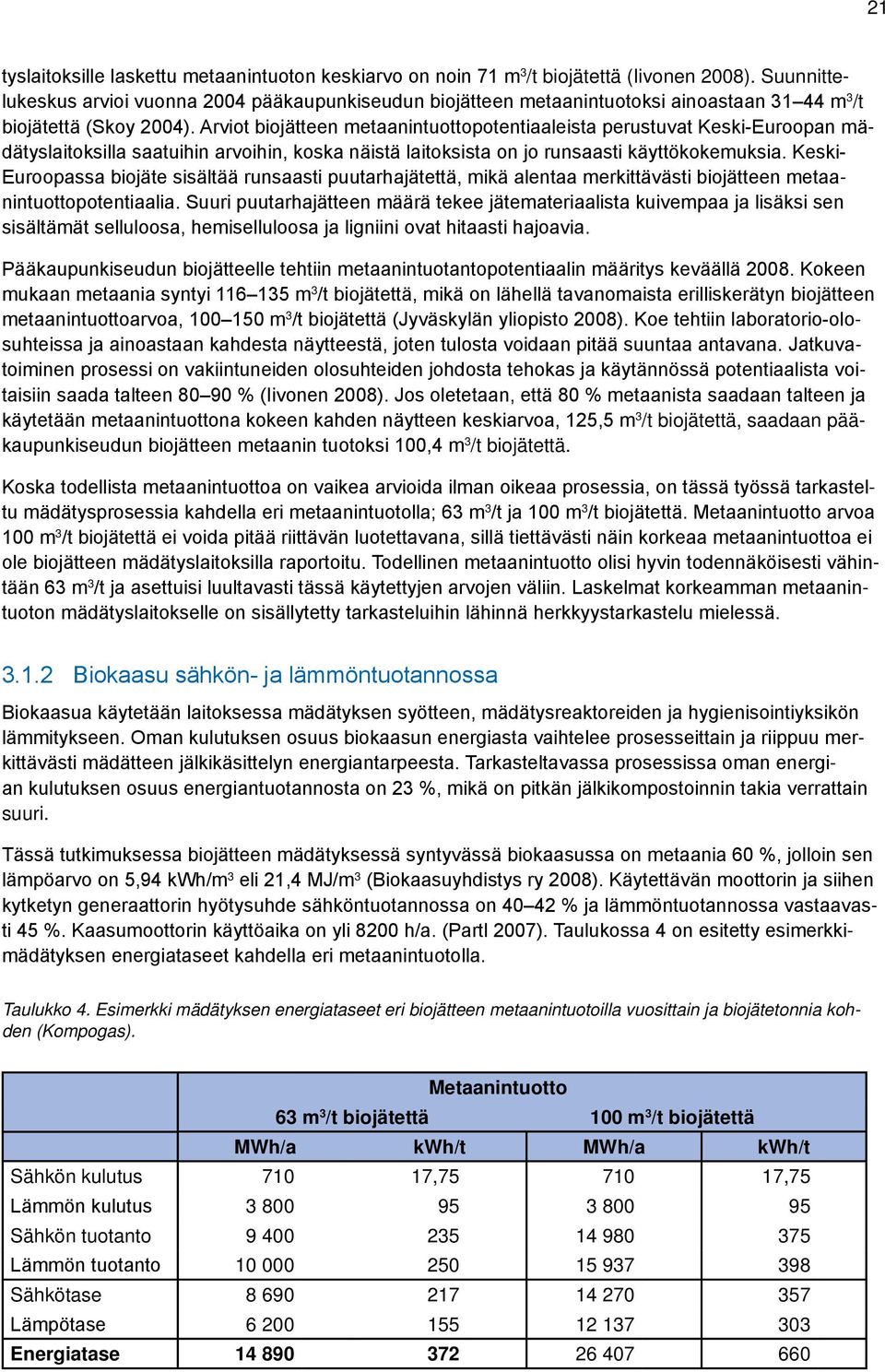 Arviot biojätteen metaanintuottopotentiaaleista perustuvat Keski-Euroopan mädätyslaitoksilla saatuihin arvoihin, koska näistä laitoksista on jo runsaasti käyttökokemuksia.