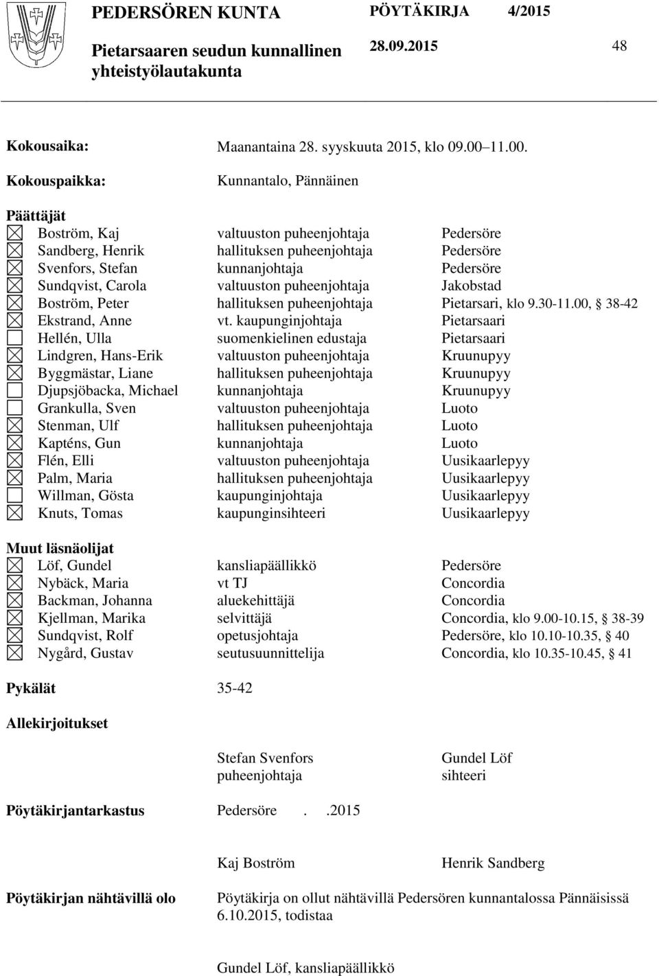 Kunnantalo, Pännäinen Päättäjät Boström, Kaj Sandberg, Henrik Svenfors, Stefan Sundqvist, Carola Boström, Peter Ekstrand, Anne Hellén, Ulla Lindgren, Hans-Erik Byggmästar, Liane Djupsjöbacka, Michael